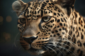 Powerful leopard with majestic appearance and agile movements in the safari. Endangered species conservation and biodiversity concept. AI generated close-up image.