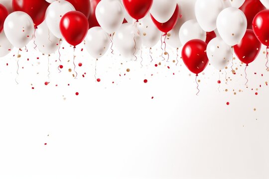 Celebration on white background with confetti and red white balloons