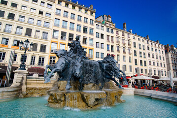 Fototapeta na wymiar The Bartholdi Fountain at Place des Terreaux in Lyon, France