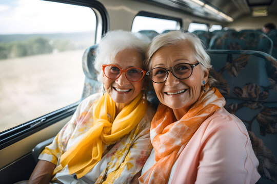 two happy senior retired women travelling on train together - Aged friends enjoying summer vacation