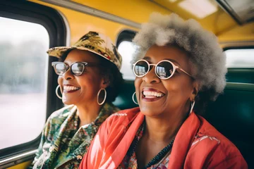 Foto op Plexiglas two happy senior retired black women travelling on train together - Aged friends enjoying summer vacation © sam