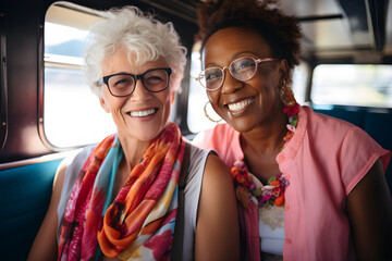 two happy senior retired mixed race women travelling on train together - Aged friends enjoying...