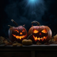 Calabazas de Halloween en fondo oscuro, con humo, tenebrosas, celebraciones, misterio, Jack o´lantern