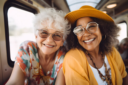two happy senior retired mixed race women travelling on train together - Aged friends enjoying summer vacation