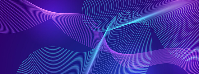 Blue and purple violet vector abstract dynamic banner with neon glowing bright shape lines