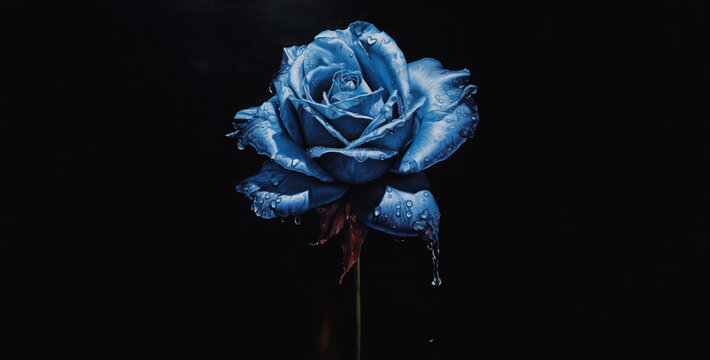 a frozen dead blue rose oil painting ice cold cool color, blue rose on black background. Generative Ai content