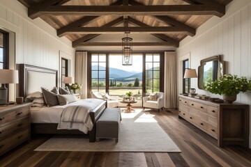 Naklejka na ściany i meble Farmhouse interior design of modern bedroom. Wooden floor. Big windows