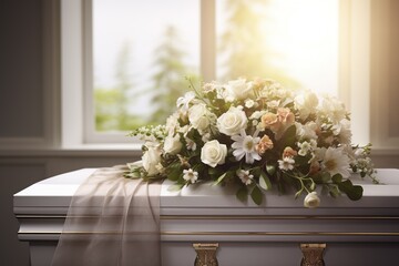 White coffin with flowers. The concept of funeral.