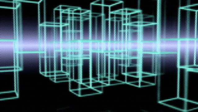 Computer generated animated moving motion background showing city landscape grids skylines
