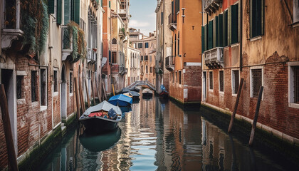 Majestic Venetian architecture illuminated by sunset over tranquil canal waterfront generated by AI - obrazy, fototapety, plakaty