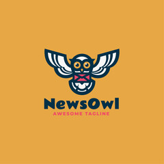 Vector Logo Illustration News Owl Mascot Cartoon Style.