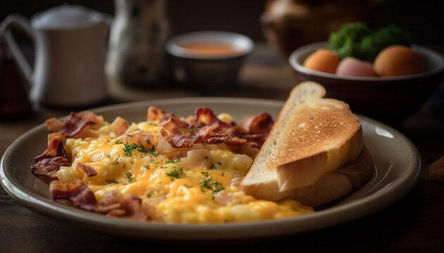 Healthy gourmet lunch on rustic table fresh bread, cooked meat, vegetables generated by AI