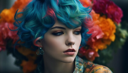 Beautiful young woman with curly blue hair, looking sensually at camera generated by AI