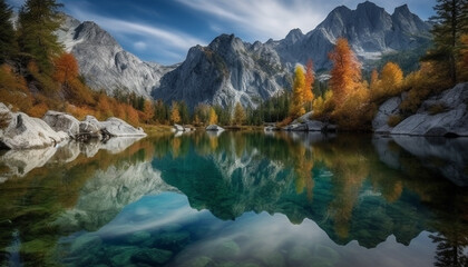 Fototapeta na wymiar Panoramic autumn landscape, majestic mountain range, tranquil reflection lake generated by AI