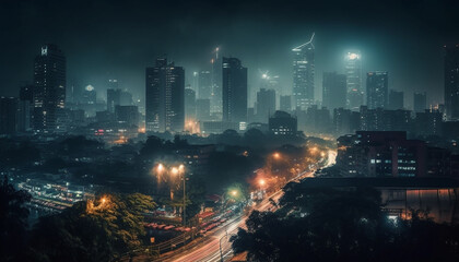 Modern city skyline illuminated at dusk with bustling traffic below generated by AI