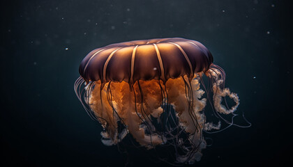Translucent moon jellyfish glows in dark underwater reef pattern generated by AI