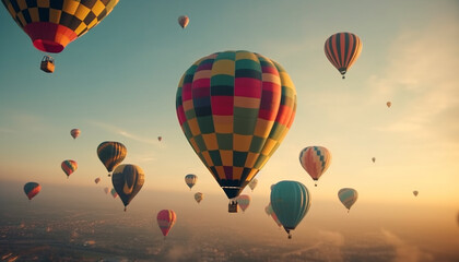 Fototapeta premium Flying hot air balloon, multi colored, high up in the sky generated by AI