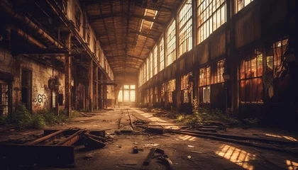 Fotobehang Spooky old factory, abandoned and ruined, a rusty mess inside generated by AI © Stockgiu