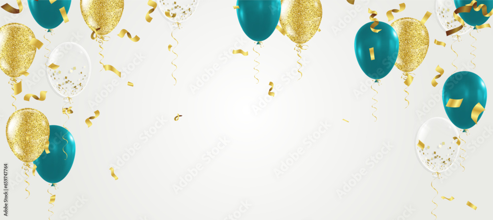 Wall mural Green and Gold balloons on white background