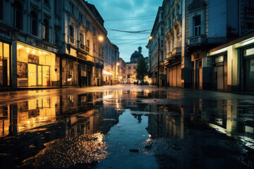 Fototapeta na wymiar Flooded streets after a heavy rain in the evening in a city.
