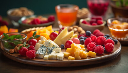 Rustic buffet offers variety of French delicatessen and sweet refreshments generated by AI