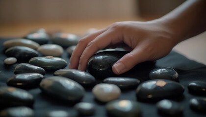 Caucasian woman meditating, holding smooth stones, massaging fingers for wellbeing generated by AI