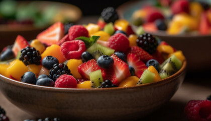 Colorful fruit salad bowl with fresh berries and yogurt slice generated by AI