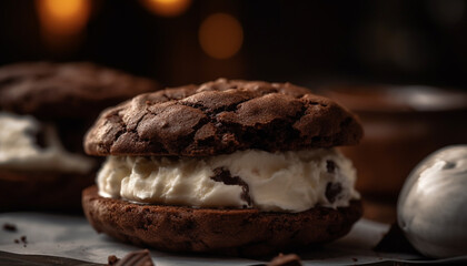 Fototapeta premium Indulgent chocolate fudge brownie stack on rustic wooden table generated by AI