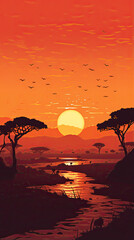 Serengeti Sunset: Stunning Generative AI African Scenery Illustration - obrazy, fototapety, plakaty