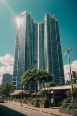 green building cityscape, tree nature futuristic, urban high sky, enery saver city, landscape eco environment garden center park, ai generate illustration, modern structure lifestyle. ecological plant