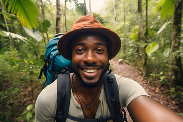 Happy traveller black man with backpack taking selfie picture in jungle - Travel blogger taking self portrait with smart mobile phone device outside - Life style and technology concept