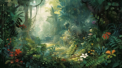Fototapeta na wymiar an exotic jungle, in the style of joyful celebration of nature, pictorialism, rough acrylic paint animated illustrations