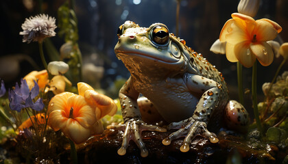 A cute green toad sitting underwater, looking at the wet plant generated by AI