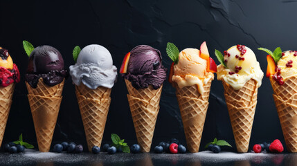 Variants of ice cream with berries in a waffle cup on a black background