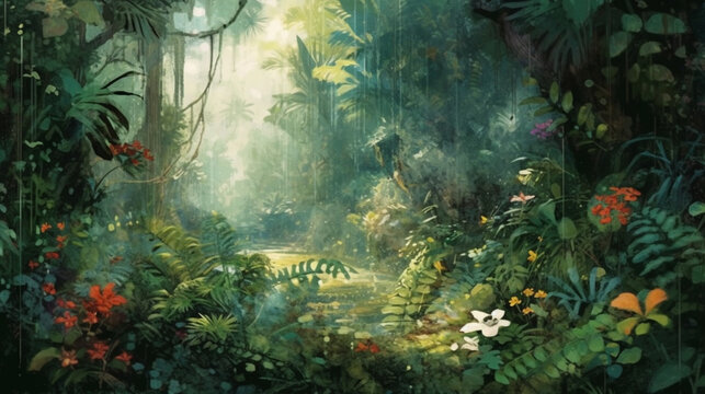 an exotic jungle, in the style of joyful celebration of nature, pictorialism, rough acrylic paint animated illustrations