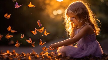 Cute little girl with butterflies against the sunset background