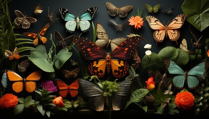 The vibrant butterfly flies in nature beauty, a colorful gift generated by AI