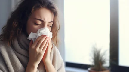 Muurstickers Young woman suffering from allergies or the flu blows her nose or sneezes into a handkerchief. © tashechka