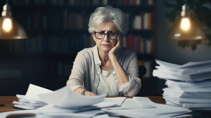 Portrait of a sad older woman studying hard surrounded by books and notebooks or sorting out financial accounts