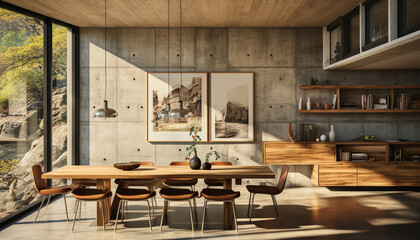 Modern, elegant, rustic apartment with open plan kitchen and dining generated by AI