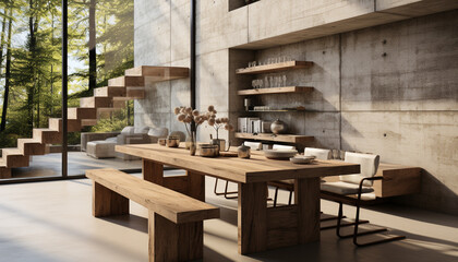 Modern wood table and chair in elegant empty living room generated by AI