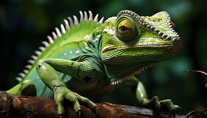 Fototapeta premium A green lizard on a branch in the tropical rainforest generated by AI