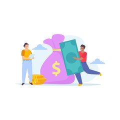an adult man is holding a business development report and another adult man is holding money illustration