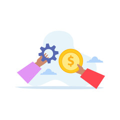 two hands holding equipment and coins as a symbol of business development illustration