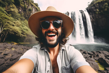 Handsome tourist visiting national park taking selfie picture in front of waterfall - Traveling life style concept with happy man wearing hat and sunglasses enjoying freedom - obrazy, fototapety, plakaty