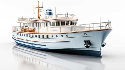 Fototapeta premium A minimalistic 3D illustration of a passenger ferry boat in water. Isolated on a white background