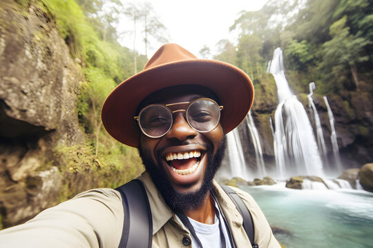 Handsome African American tourist visiting national park taking selfie picture in front of waterfall - Traveling life style concept with happy black man wearing hat and sunglasses enjoying freedom