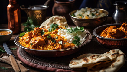 A spicy Indian meal with basmati rice, fresh cilantro, and homemade naan bread generated by AI