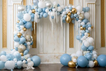 Fototapeta na wymiar Combination of white, blue, and gold balloons arranged in beautiful garland, baby shower setting