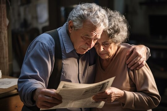 Tender scene as middle-aged couple wrapped in each other's arms, concerned expressions as they discover distressing information in morning newspaper.